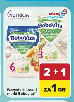 Kaszka mleczno-ryżowa Bobovita 3 owoce promocja w Carrefour Market