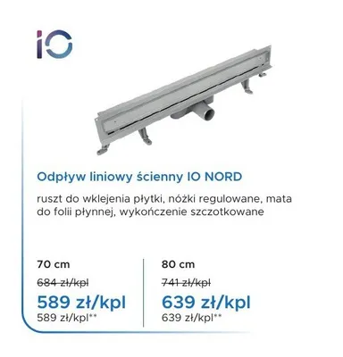 Odpływ liniowy ścienny IO NORD 80 cm promocja w Blu Salony Łazienek