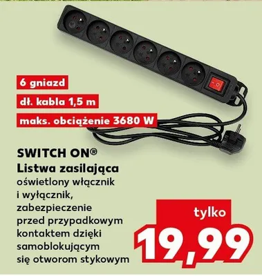 Listwa zasilająca Switch On 6 gniazd 1,5m 3680W promocja w Kaufland