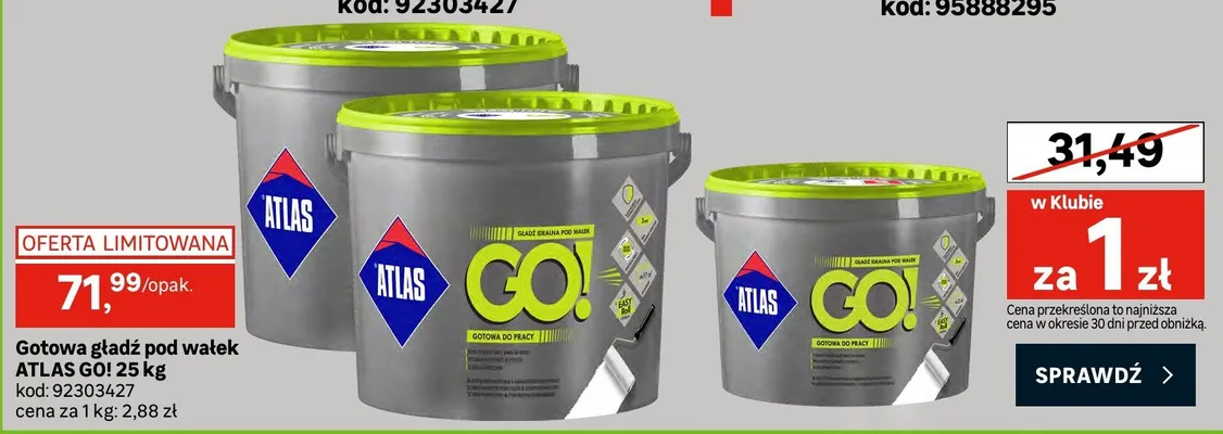 Gotowa gładź pod watek ATLAS GO! 25kg promocja w Leroy Merlin