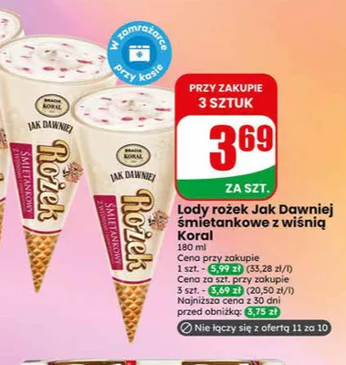 Lody rożek Jak Dawniej śmietankowe z wiśnią promocja w Dino