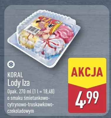 Lody Iza o smaku śmietankowo-cytrynowo-truskawkowo-czekoladowym promocja w Aldi