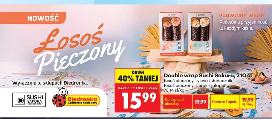 Double wrap Sushi Sakura łosoś pieczony, tykwa i słonecznik promocja w Biedronka