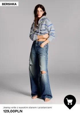 Jeansy wide z wysokim stanem i przetarciami Bershka promocja w Bershka