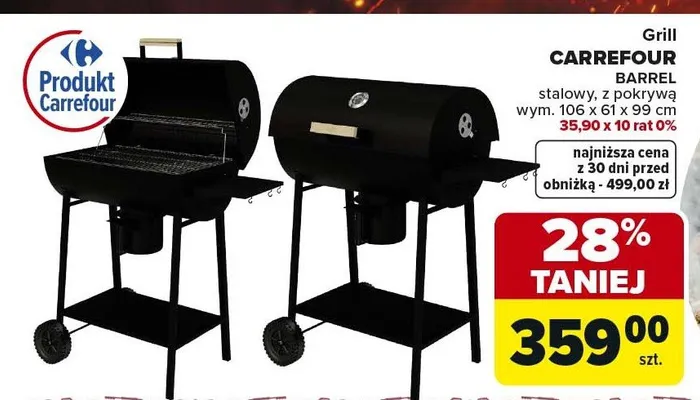 Grill Barrel stalowy, z pokrywą wym. 10G x 61 x 99 cm promocja w Carrefour