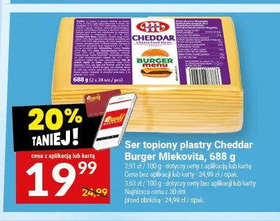 Ser topiony plastry Cheddar Burger Mlekovita 688g promocja w Twój Market