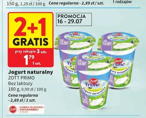 Jogurt naturalny Zott Primo bez laktozy promocja w Intermarche