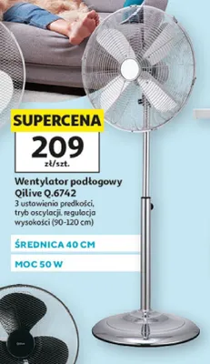 Wentylator podłogowy Qilive Q.6742 średnica 40cm moc 50W 3 ustawienia prędkości tryb oscylacji regulacja wysokości (90-120cm) promocja w Auchan