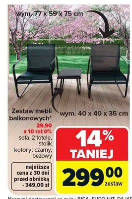 Zestaw mebli balkonowych sofa 2 fotele stolik kolor beżowy 77x59x75cm promocja w Carrefour