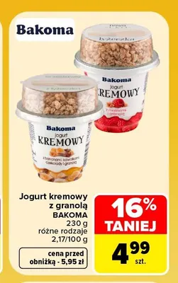 Jogurt kremowy z malinami i granolą Bakoma promocja w Carrefour Market
