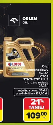 Olej samochodowy Lotos Synthetic Plus 5W-40 promocja w Carrefour