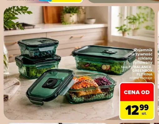 Pojemnik na żywność szklany ryflowany linia Fitbalance Greenbox Florina promocja w Carrefour