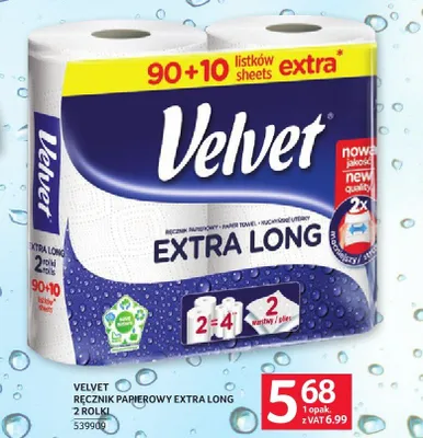 Ręcznik papierowy Extra Long Velvet 2 rolki promocja w Selgros