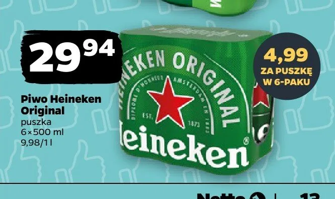 Piwo Heineken Original 6-pak promocja w Netto