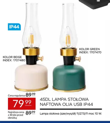Lampa stołowa naftowa Olia USB IP44 45DL promocja w Abra Meble