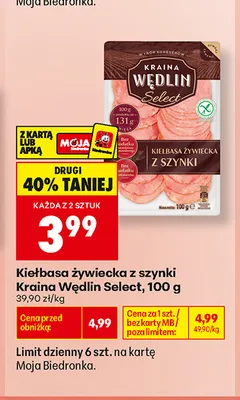 Kiełbasa żywiecka z szynki Kraina Wędlin Select promocja w Biedronka