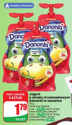 Jogurt o smaku truskawkowym Danonki w saszetce promocja w Dino