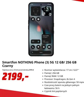 Smartfon Nothing Phone (3) 5 g 12 GB/256 Gb czarny promocja w Media Markt