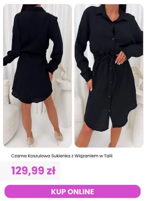 Sukienka damska czarna koszulowa z wiązaniem w talii ModnaKiecka.pl Modnakiecka. Pl promocja w Modna Kiecka