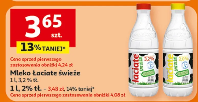 Mleko Łaciate świeże 1 l, 3,2% tł., 1 l, 2% tł. promocja w Auchan