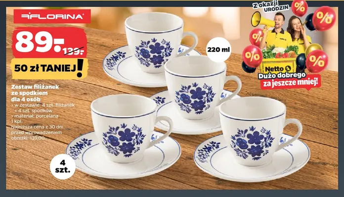 Zestaw filiżanek ze spodkiem dla 4 osób Florina promocja w Netto