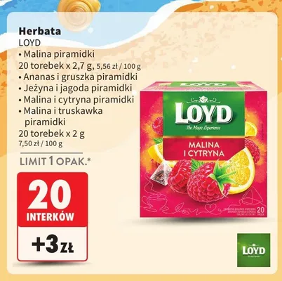 Herbata Malina i truskawka piramidki LOYD promocja w Intermarche