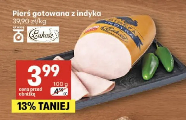 Pierś gotowana z indyka Łukosz promocja w Delikatesy Centrum