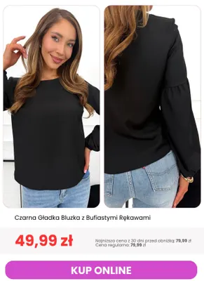 Czarna gładka bluzka z bufiastymi rękawami promocja w Modna Kiecka