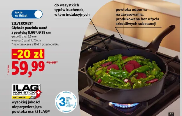 Głęboka patelnia sauté z powłoką Ilag Ø28 cm Silvercrest promocja w Lidl