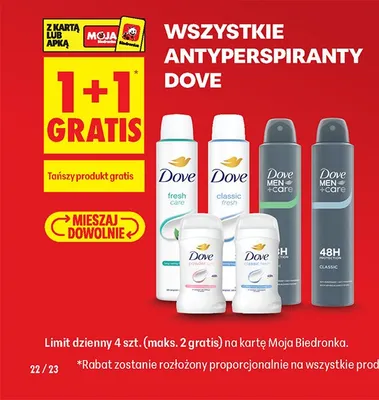 Wszystkie antyperspiranty Dove 1+1 GRATIS promocja w Biedronka