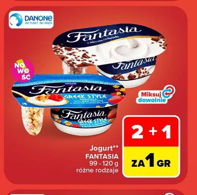 Jogurt Fantasia Greek Style z czerwonymi owocami i białą czekoladą promocja w Carrefour Market