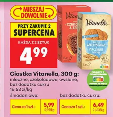 Ciastka owsiane bez dodatku cukru Vitanella promocja w Biedronka