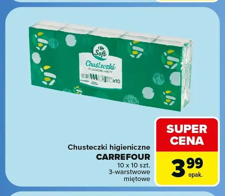 Chusteczki higieniczne Carrefour 10-pak 3-warstwowe miętowe promocja w Carrefour Market