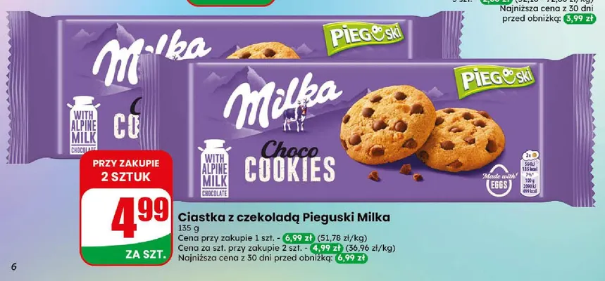 Ciastka z czekoladą Pieguski Milka promocja w Dino