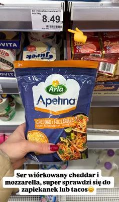 Ser wiórkowany cheddar & mozzarella Apetina promocja w Dino