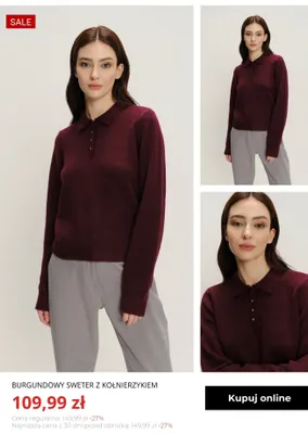 Burgundowy sweter z kołnierzykiem Greenpoint promocja w Greenpoint