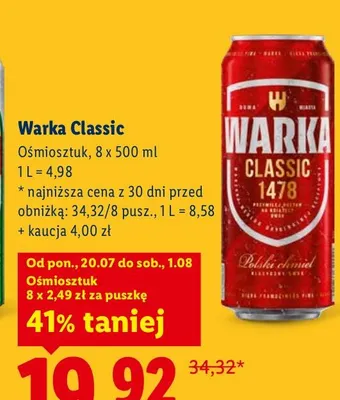 Piwo Warka Classic 8-pak promocja w Lidl