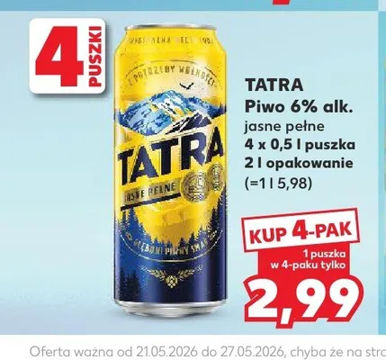 Piwo Tatra jasne pełne 6% alk. 4-pak 0,5l promocja w Kaufland