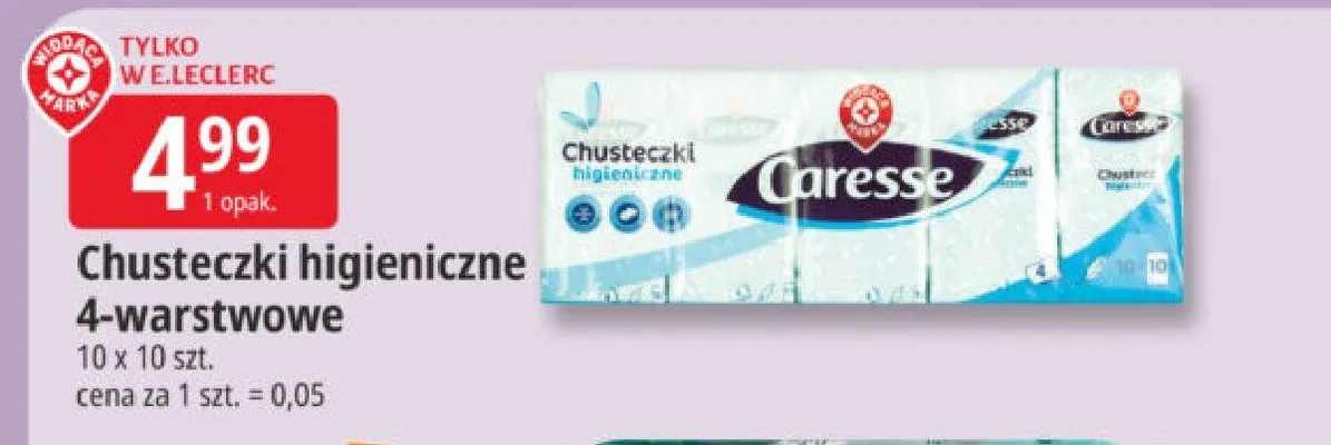 Chusteczki higieniczne 4-warstwowe Caresse promocja w Leclerc