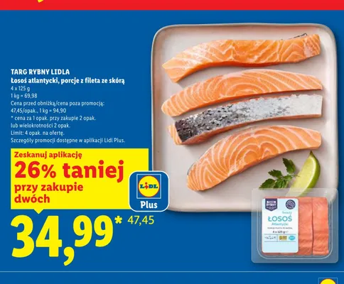 Łosoś atlantycki porcje z fileta ze skórą Targ Rybny Lidla 4-pak promocja w Lidl
