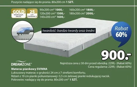 Materac piankowy DREAMZONE SVINNA 80x200cm promocja w Jysk