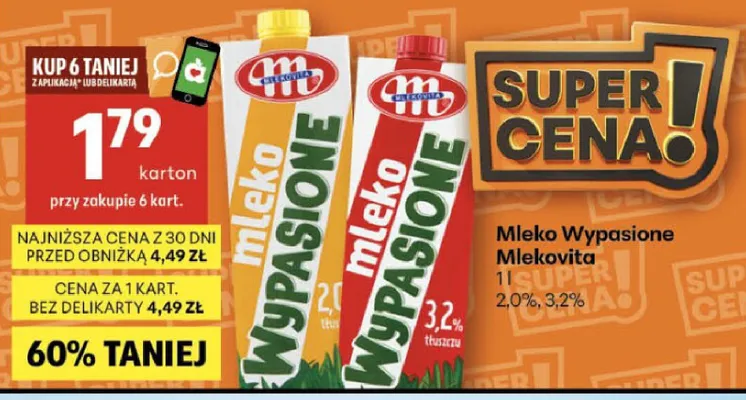 Mleko UHT Wypasione Mlekovita 2,0% promocja w Delikatesy Centrum