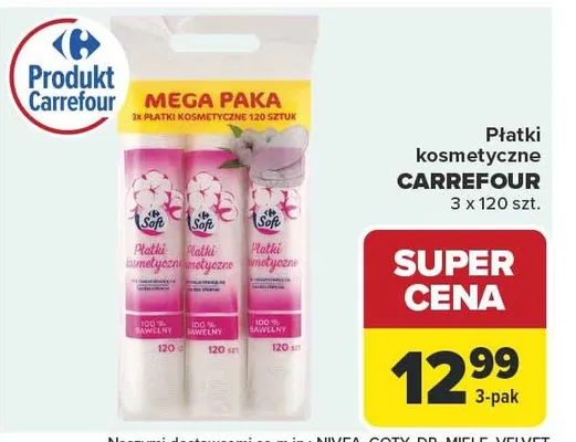 Płatki kosmetyczne Carrefour 3-pak 120szt. promocja w Carrefour