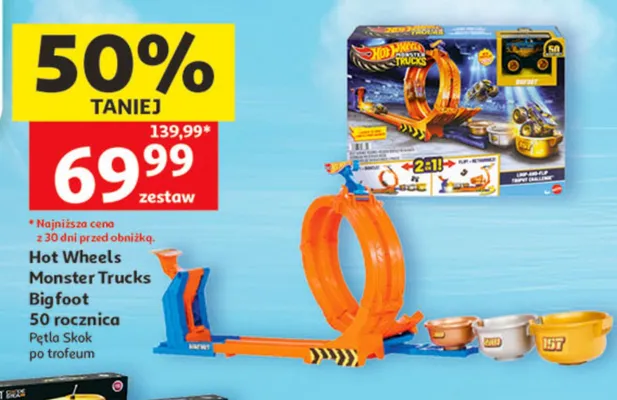 Zestaw Hot Wheels Monster Trucks Bigfoot 50 rocznica Pętla Skok po trofeum promocja w Auchan