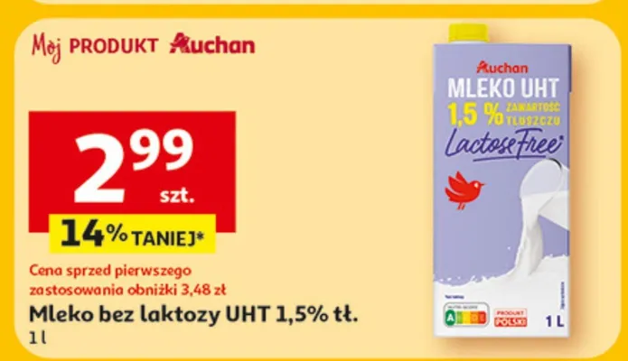 Mleko bez laktozy UHT 1,5% tł. promocja w Auchan