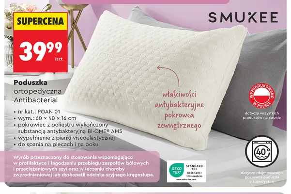Poduszka ortopedyczna Antibacterial 60x40x16 cm Smukee promocja w Biedronka