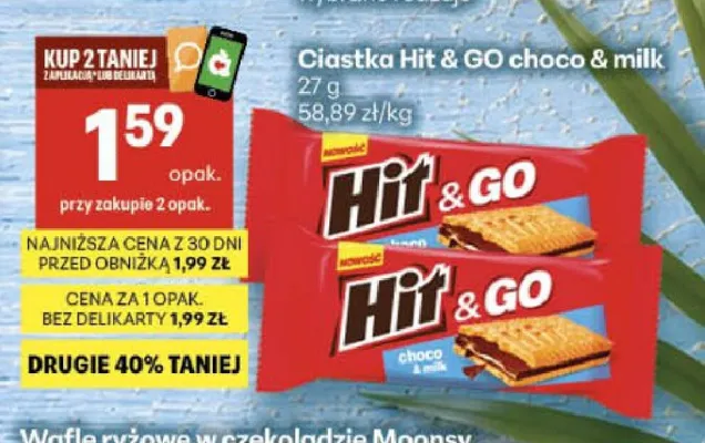 Ciastka Hit & GO choco & milk promocja w Delikatesy Centrum