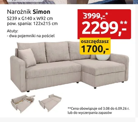 Narożnik Simon promocja w Black Red White