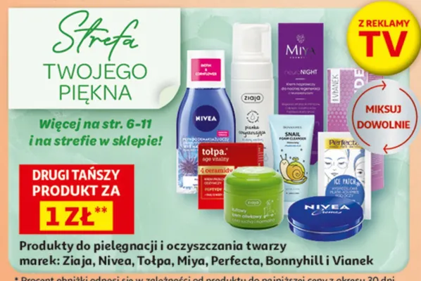 Produkty do pielęgnacji i oczyszczania twarzy marek: Ziaja, Nivea, Tołpa, Miya, Perfecta, Bonyhill i Vianek promocja w Auchan