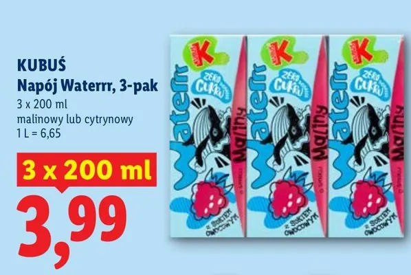 Napój Kubuś Waterrr malinowy 3-pak promocja w Lidl